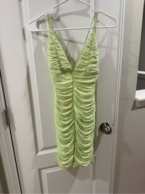 Angel Biba Neon Lime Ruched Spaghetti Strap Mini Dress